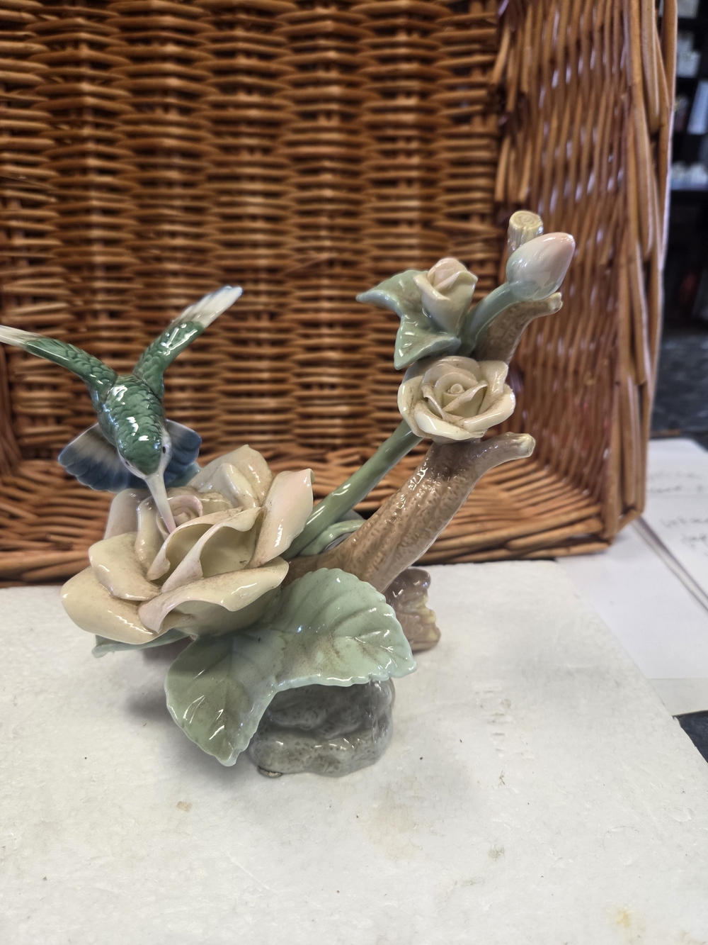 VINTAGE Porcelain Hummingbird and Rose Figurine in Green and Cream